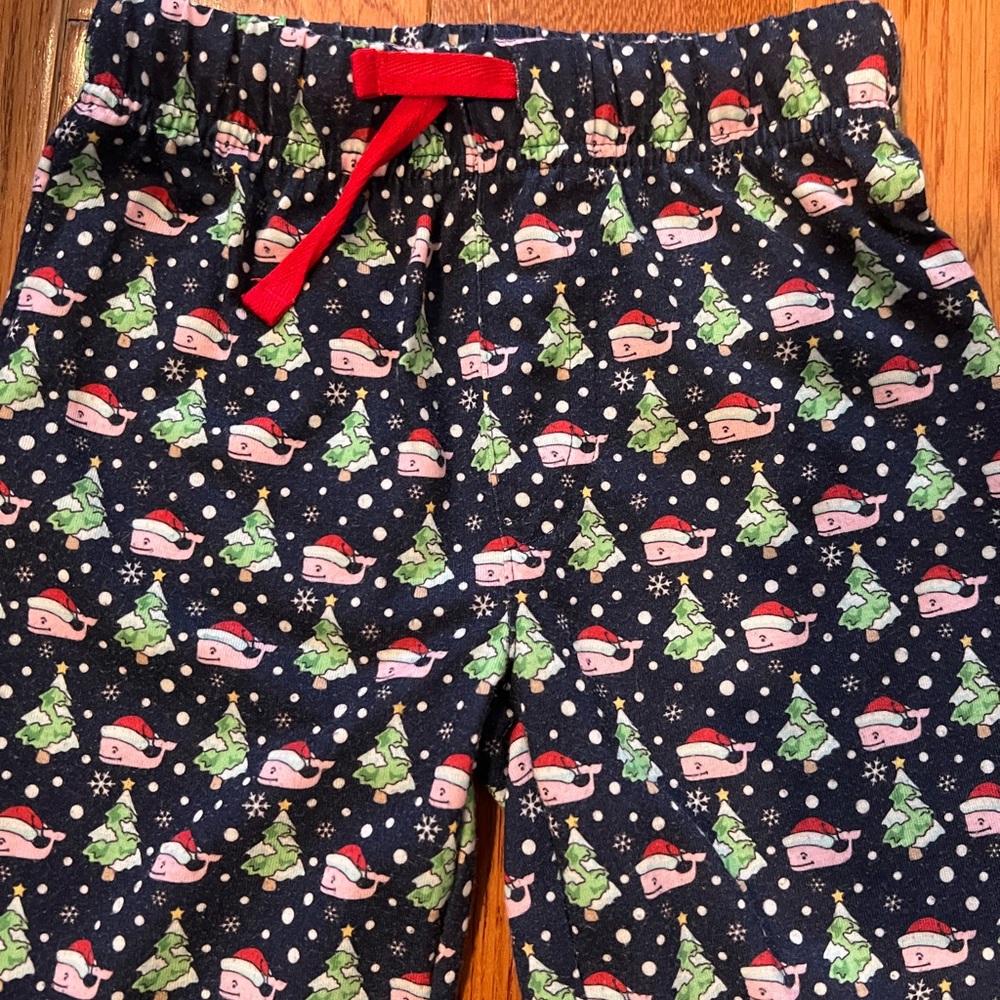 Vineyard Vines Kids Navy Holiday Whale & Tree Pajama Bottoms with Red Drawstring